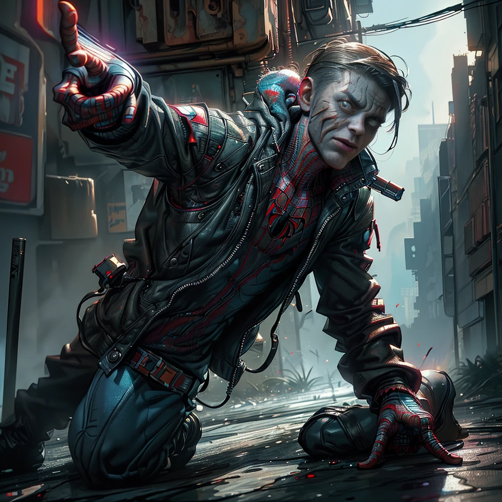 Spider-Man as a zombie,(top quality、8 k、32 thousand.、masterpiece、nffsw:1.3)、(Ultra-high resolution)、(Photorealistic:1.4)、RAW-фотография,Perfect eyes,Charming perfect figure,action pose:1.2,Detailed cyberpunk mod、Cyberpunk world,depth of field,blurred background,、