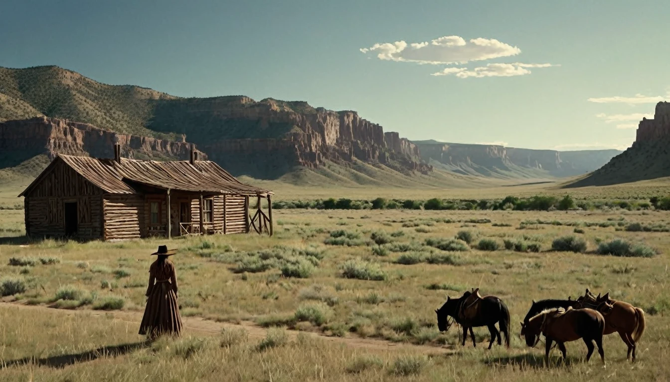 Create an image that illustrates this text: With shelter secured, Sarah turned her attention to the land. The valley floor was rich but untamed. old West. high definition cinematic image.
