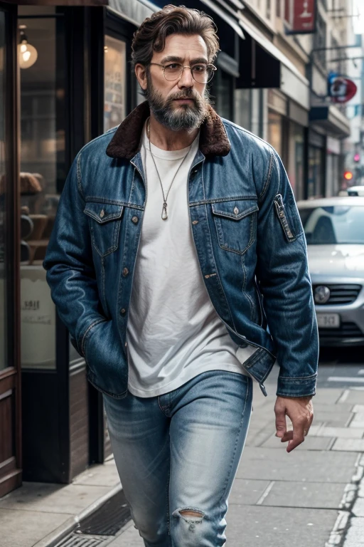 A tall muscular 50 years old man, brown curled up messy hair, big beard, wearing a open blue jacket, white buttom shirt below jacket, black jeans, eye glasses, walking on strett, wearing a cap