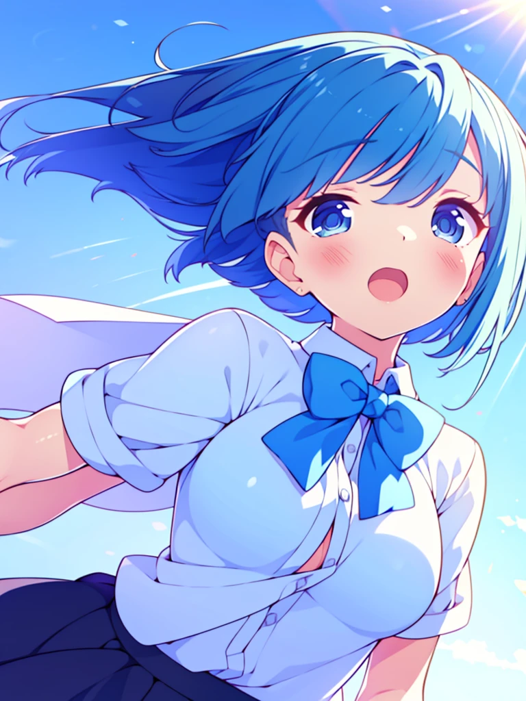 masterpiece, best quality, solo, ,
short hair, blue hair, straight hair, blue eyes, white shirt, open mouth, bowtie, large breasts, button gap, blank eyes,
blue sky, wind,