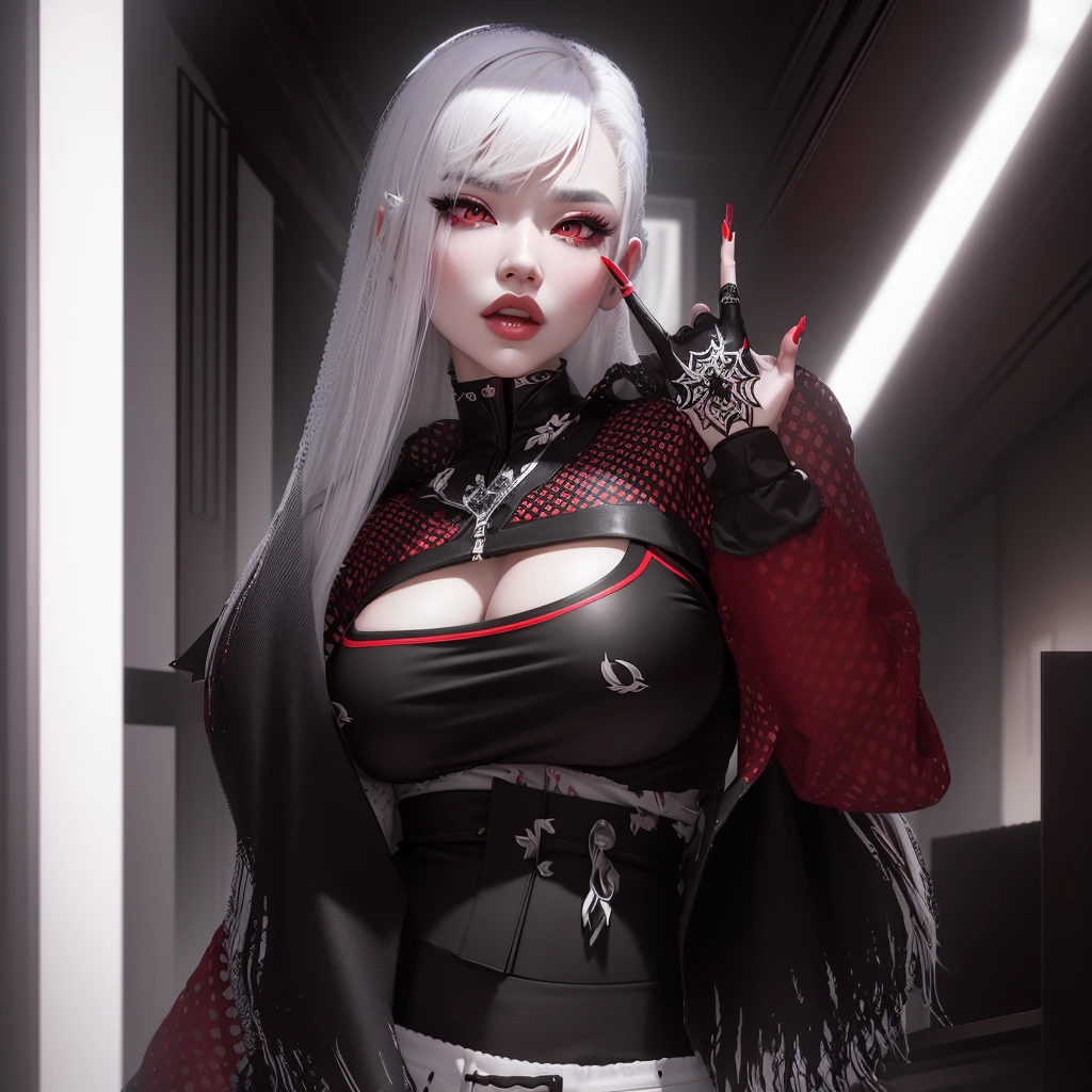 AVATAR SECOND LIFE Korean girl black and red blouse, Asian, White hair, White hair, White hair, Perfect and detailed face, imvu, maximalist details, AVATAR SECOND LIFE Korean blouse and pants , neon, White hair, skirt with ripped tights, Black Skirt
