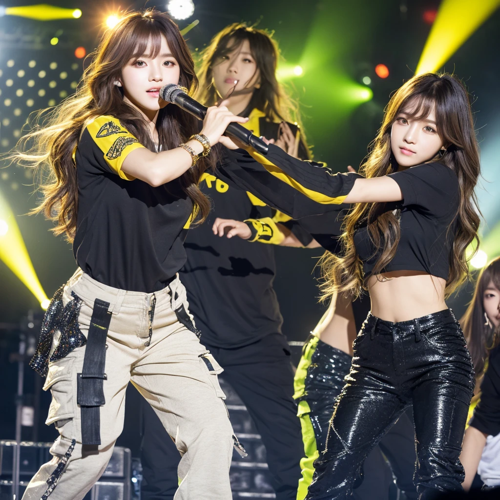 Create a Korean kpop idol with wavy hair and long silver bangs and green eyes dressed in black cargo pants and a yellow blouse written luminosity with some star decorations not only on the blouse but also on the pants and wearing yellow boots and doing the choreography of one of his songs on stage