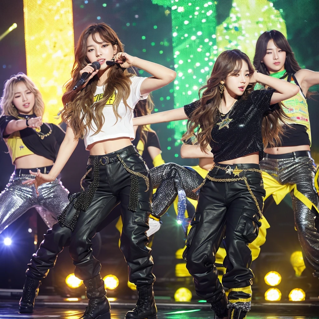 Create a Korean kpop idol with wavy hair and long silver bangs and green eyes dressed in black cargo pants and a yellow blouse written luminosity with some star decorations not only on the blouse but also on the pants and wearing yellow boots and doing the choreography of one of his songs on stage