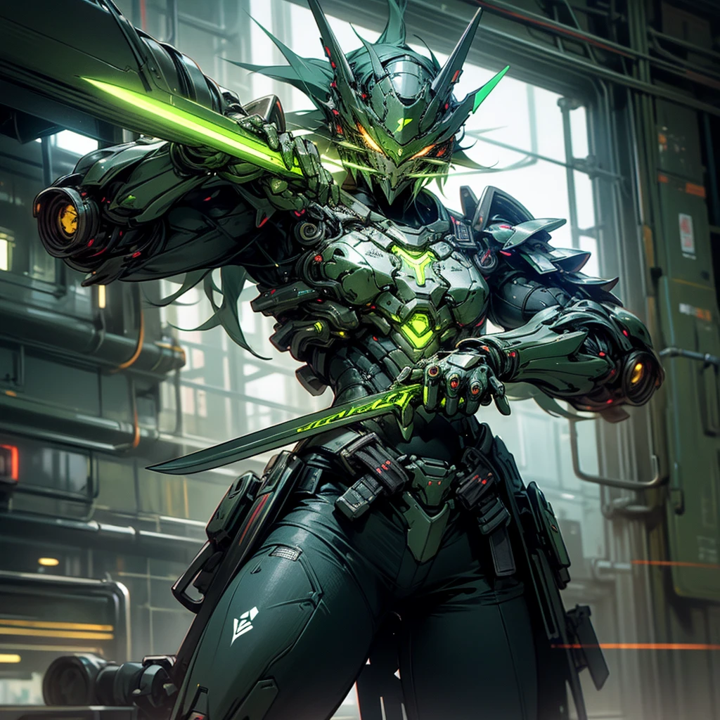 Detailed snapshot, Cyberpunk, glowing sword, Glowing armor, Green light