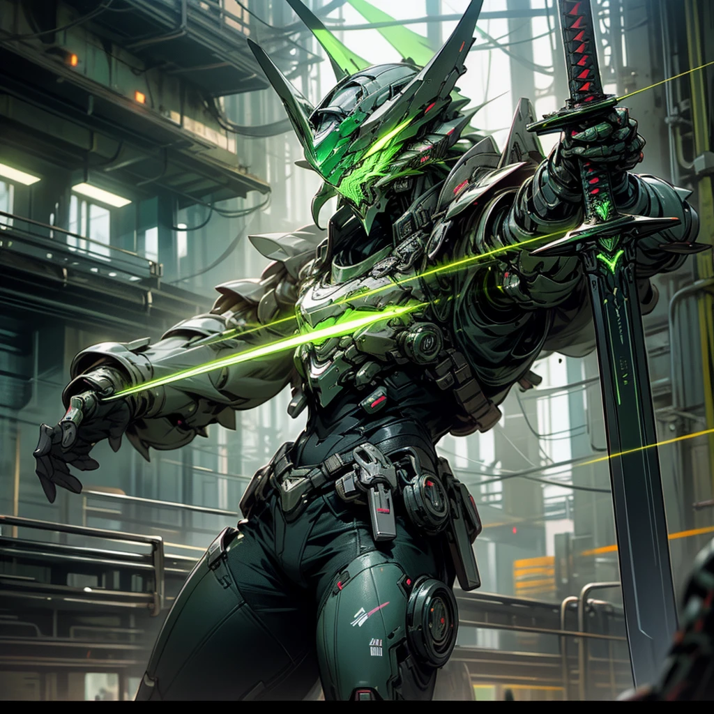 Detailed snapshot, Cyberpunk, glowing sword, Glowing armor, Green light