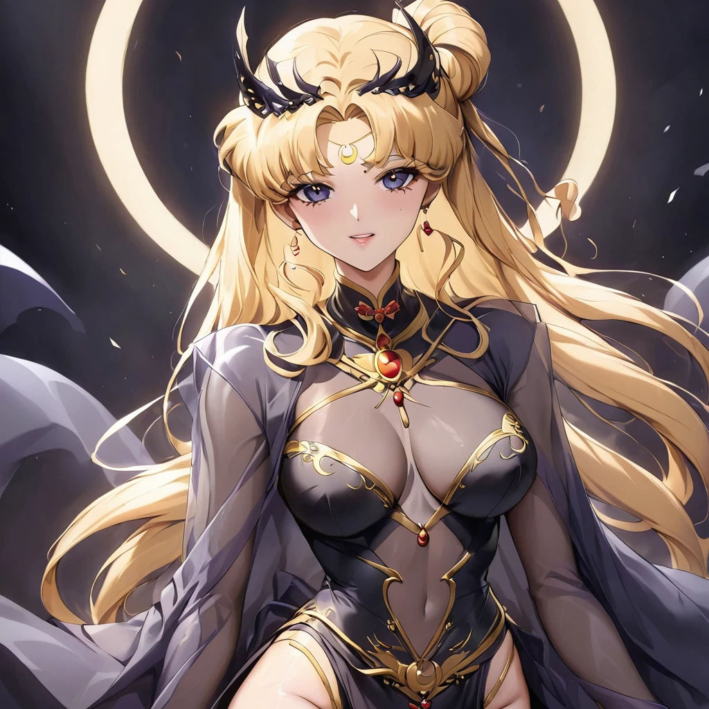 ((Highest quality)), ((masterpiece)), (detailed), (Perfect Face)、The woman is a dark queen with a black inverted crescent moon mark on her forehead, a gorgeous, glittering black see-through long-slit Chinese dress with gold embroidery, a black veil, a black see-through cape and gorgeous jeweled accessories.、The woman is Black Serenity, the noble dark queen of the Black Moon clan and has blonde hair.2The woman with long hair tied up is Princess Serenity