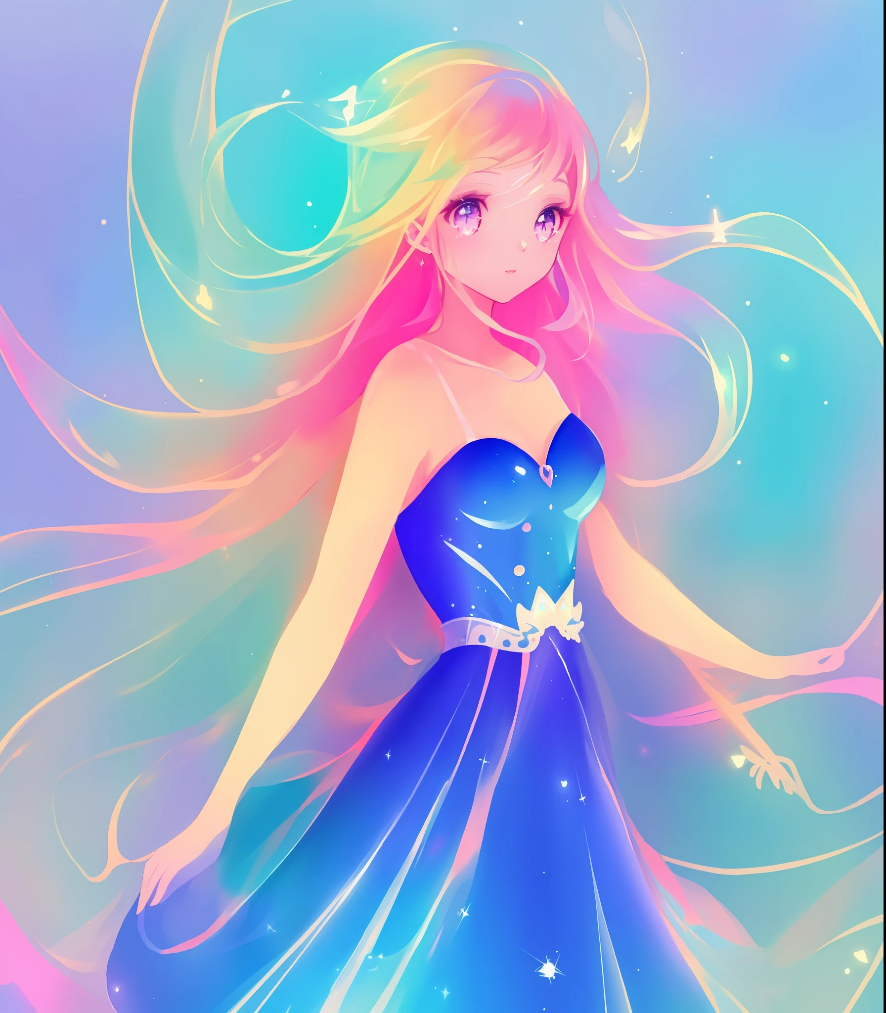 beautiful anime girl in colorful rainbow ballgown, ((sparkling)), vibrant pastel colors, (colorful), magical lights, flowing colorful hair, inspired by Glen Keane, inspired by Lois van Baarle, disney art style, by Lois van Baarle, glowing aura around her, by Glen Keane, jen bartel, glowing lights! digital painting, flowing glowing hair, glowing flowing hair, beautiful digital illustration, fantasia background, whimsical, magical, fantasy, beautiful face, ((masterpiece, best quality)), intricate details, highly detailed, sharp focus, 8k resolution, sparkling detailed eyes, liquid watercolor