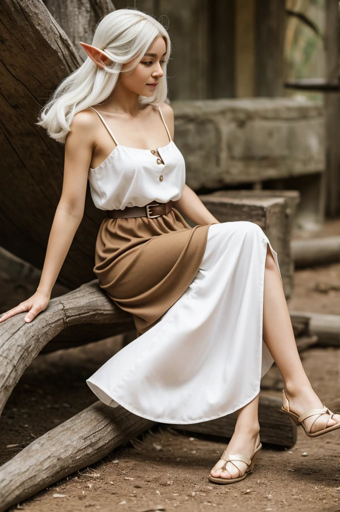 Woman 2,10 cm coco with knee-length white hair and a brown dress like an elf