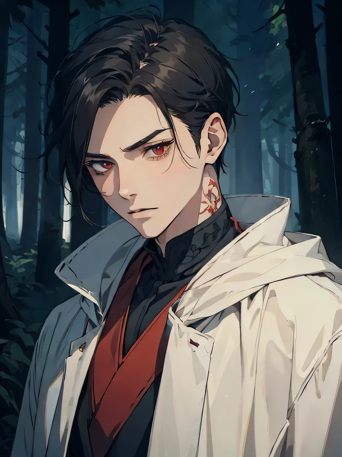 anime character with red eyes and black hair in a forest, handsome guy in demon slayer art, badass anime 8 k, anime handsome man, male anime style, anime portrait of a handsome man, beautiful androgynous prince, male anime character, handsome male vampire, artwork in the style of guweiz, handsome japanese demon boy, anime style 4 k, Expressionless