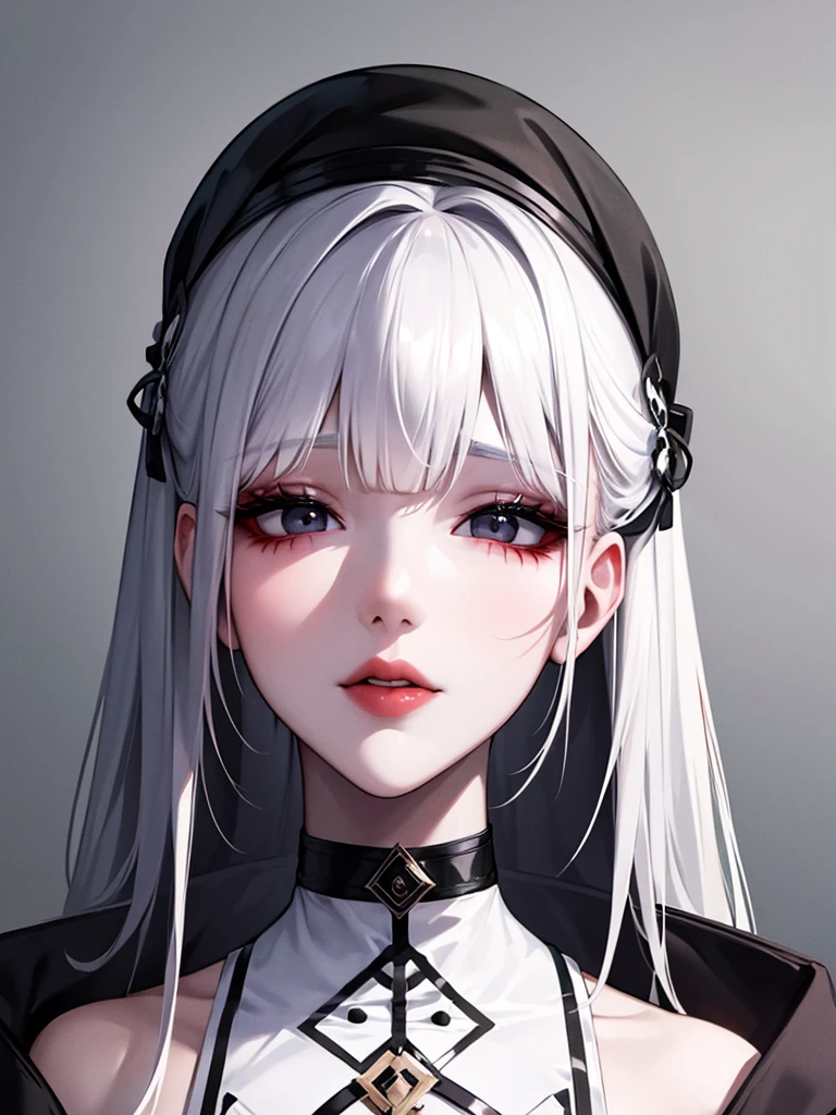 Make an albino woman, beautiful and korean, do it with black eyes, clear and beautiful, make her wear a white coat with a black top, and make her suck