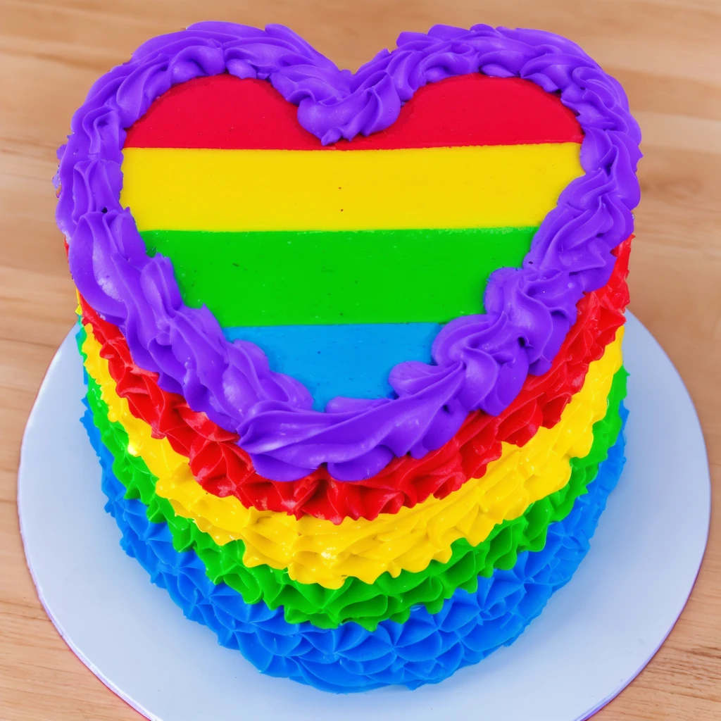 on a wooden table, there is a white plate with a heart cake , rainbow cream heart cake ( star shaped) , multi-colored heart on top, decorated with purple cream, cream with highlights, view from above, Beautiful light from the window, beautiful lighting, bright announcement, Multiple light sources, Realistic style, realistic textures, high quality, high detail, detailed textures, ultra 4k hd, macro photography