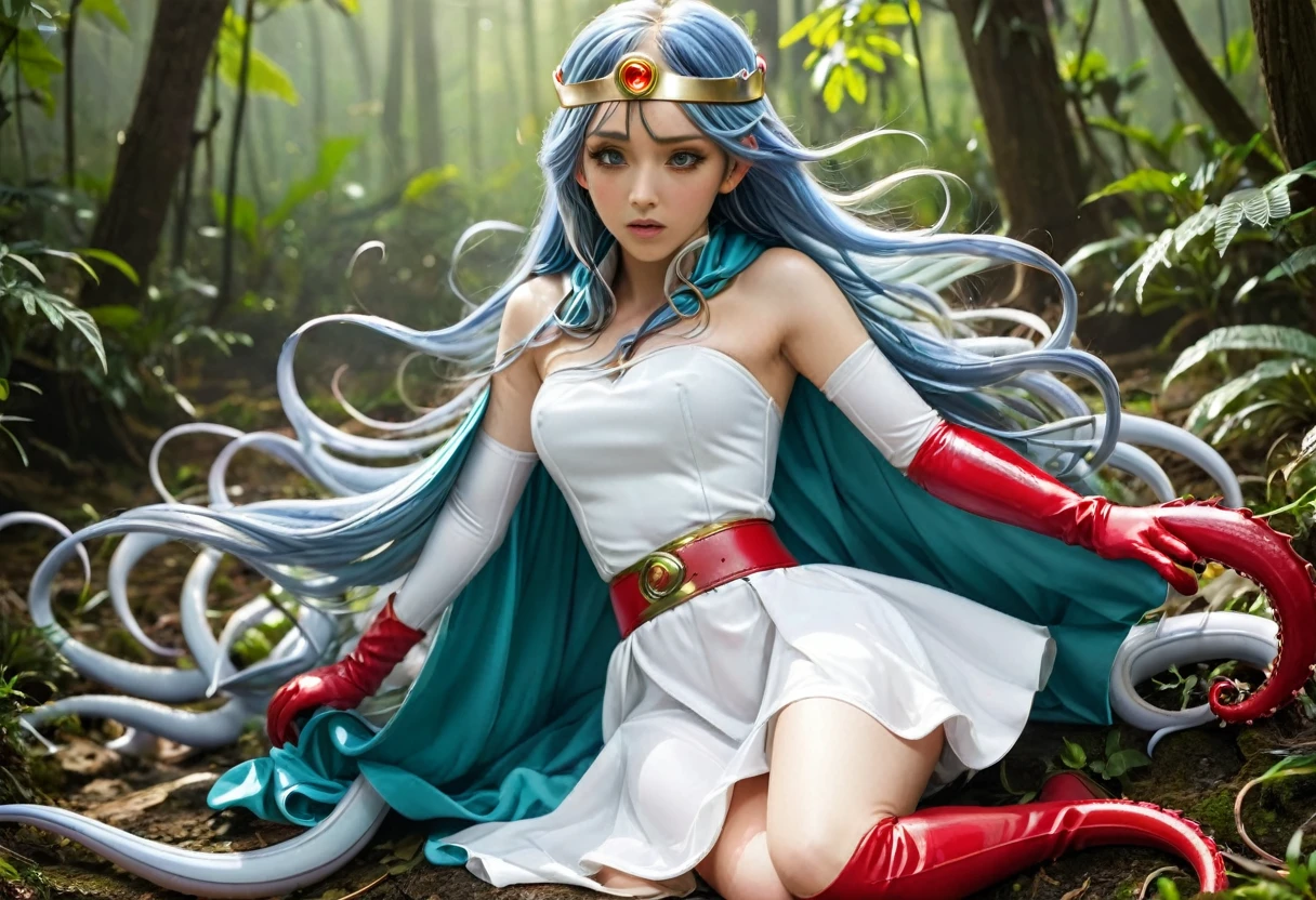 (best quality), (masterpiece), high res, all detailed, DQSage, long blue hair, red eyes, circlet, [aqua cape], white dress, strapless, belt, elbow gloves, yellow gloves, yellow boots, medium cleavage, (white underwear, panties aside, torn clothes:1.2), BREAK (NSFW), solo, 1girl, (sitting, knees to chest), arms behind head, (tentacles sex, vaginal, extend tentacles:1.15), (rape, extend tentacles, restrained:1.2), (one eye closed, crying, tears:1.2), drooling, saliva trail, sigh, blush, sweat, (forest, tentacle-pits), cinematic lighting, diffraction spikes,