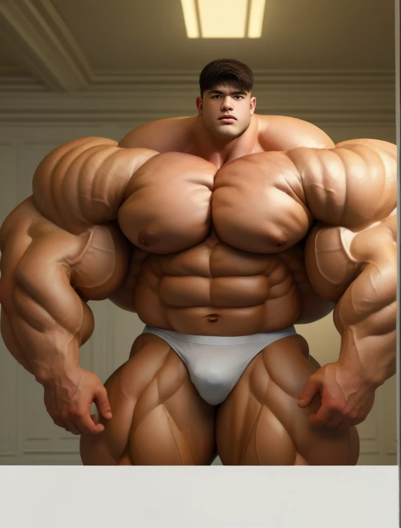 1boy, giant, alone, giant bodybuilder, illuminating light, strong body, bulk, large size, standing in white room photo studio, indoor, nude, white triangular underwear, thick bulge, scratch his bulge, extraordinary big, brutalmass, giant muscular body, bulk, buff, massive body, large meaty body size, extremely wide body