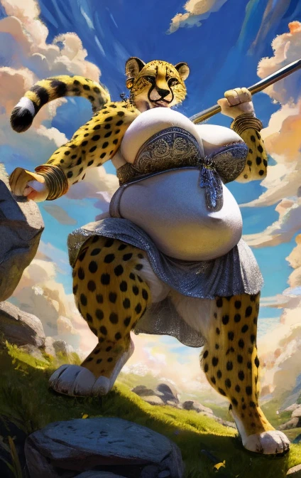 cover_page, highres, absurdres(masterpiece, top quality, best quality)Illustration of an adorable 9-foot-tall character, bearing animal features, detailed fur covering its entire body, with animal paws, ears, tail, and snout, jumping high in the air, viewed from a low angle, wielding a naginata much larger than its own height. The character is in full color, set against a backdrop of a grassland with moss-covered rocks. The character’s facial expression is , depicting the intensity of a battle, Female cheetah, fat, fat belly, fat thighs, fat arms, lovehandles, big brer eyes, golden yellow fur, black cheetah markings, silver dress, silver earrings, silver bracelets, silver rings, silver necklaces