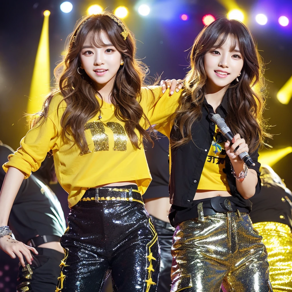 Create a Korean kpop idol with wavy hair and long silver bangs and green eyes dressed in black cargo pants and a yellow blouse written luminosity with some star decorations not only on the blouse but also on the pants and wearing yellow boots and doing the choreography of one of his songs on stage