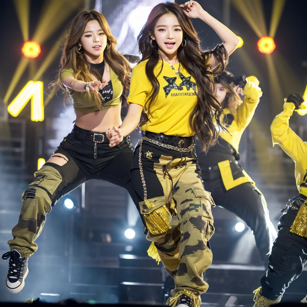 Create a Korean kpop idol with wavy hair and long silver bangs and green eyes dressed in black cargo pants and a yellow blouse written luminosity with some star decorations not only on the blouse but also on the pants and wearing yellow boots and doing the choreography of one of his songs on stage