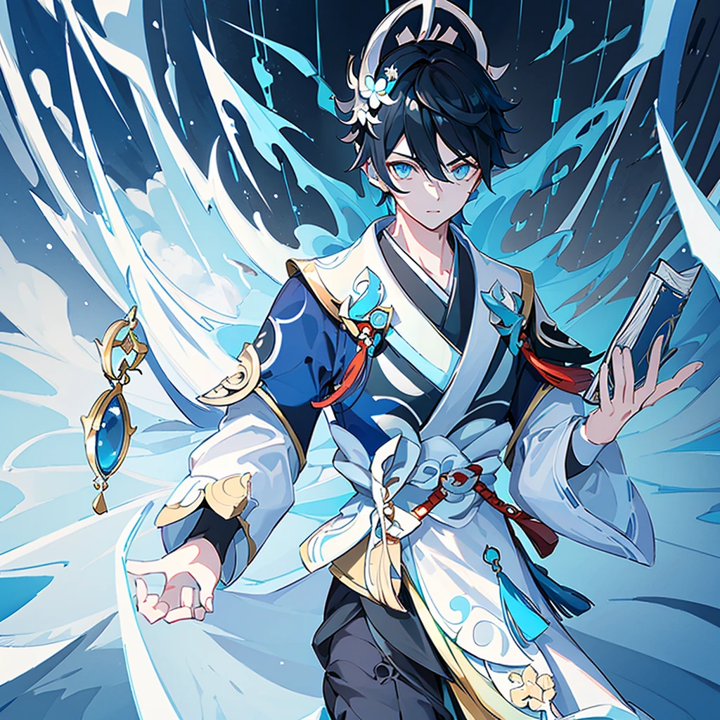 ((Genshin impact style)) (masterpiece), (high quality), (pretty boy face), 1 boy, 16 years, masculine and tall body, white skin, ((medium black hair)), ((light blue and cold eyes)), calm and neutral expression, designs from East Asian, Game character costume design, Japanese clothing style with a dark blue, white and black color palette, his is holding a book ((White background, mathematical, astronomical and blue details)), ((portrait panting)) intricate details, lens flare，ultra high resolution，sharp focus，HD，8k，clear facial features，clear details，beautiful eyes，beautiful face
