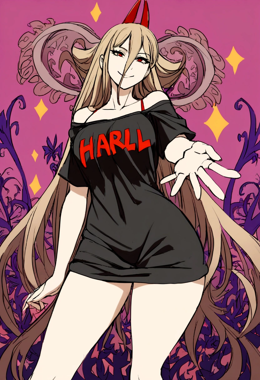 1 girl, smiling, wearing oversized black shirt reaching mid-thigh, text "Harl" .vibrant color,.