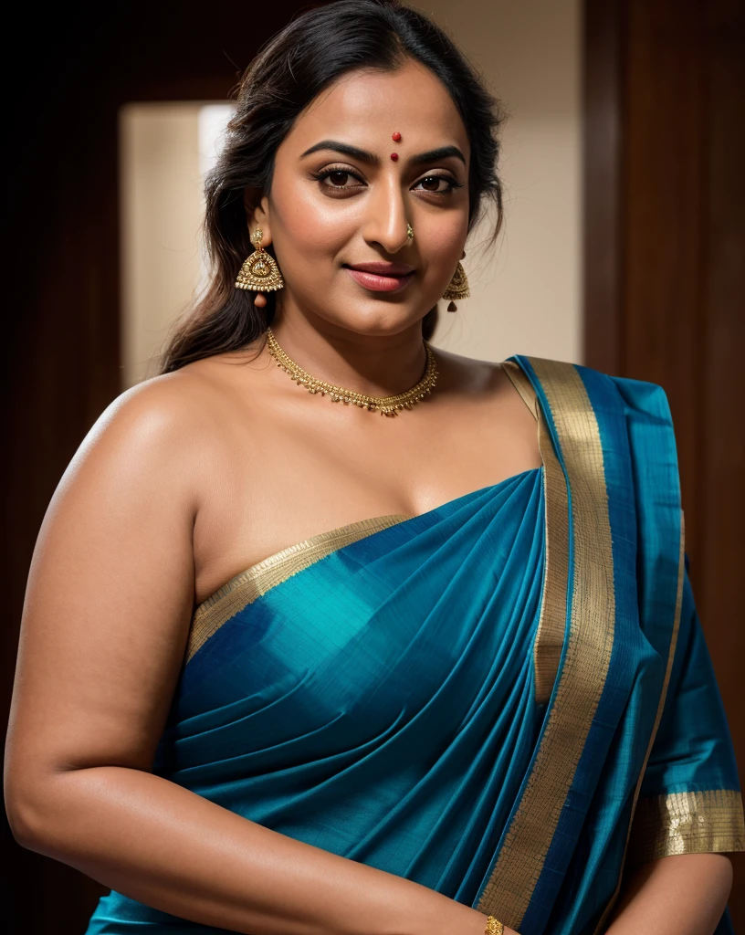 Foto RAW, photorealistic, photography, full body shot, 50 years old Woman, master shot, perfect eyes, goddess like beauty, pierced eyes, perfect thick chubby mallu Desi aunty bhabhi, Wearing a Stanapatta, a chest-band.Saree model, model Photography, Indian saree shoot, Indian traditional wear advertising photography, traditional wear brand shoot, face of Indian actress Sonakshi Sinha, masterpiece, realistic, realism, incredible details,  pleasure, photorealism, detailed skin, skin pores, high contrast, photorealistic Artstation 8k HD digital art trend of high definition and detailed realistic skin texture, ultra detail, realistic skin texture, armature, best quality, ultra high definition, (photorealistic:1.4),, high resolution, detail, raw photo, sweat, Re sharp, by Lee Jefferies Nikon D850 Film Stock Photo 4 Kodak Portra 400 Camera F1.6 Lens Rich Color Ultra Real Realistic Realistic Textures Dramatic Lighting Unreal Engine Trending at Art Station Cinestill 800,(pele altamente detalhada: 1.2), 8k UHD, DSLR, soft-lighting, alta qualidade, grain of film, Fujifilm XT3,she didn't like to wear blouse or bra, she is happy to wear only saree, she hates blouse or bra, detailed hairy armpits, hyper realistic skin, skin pores, sweat, veins, 