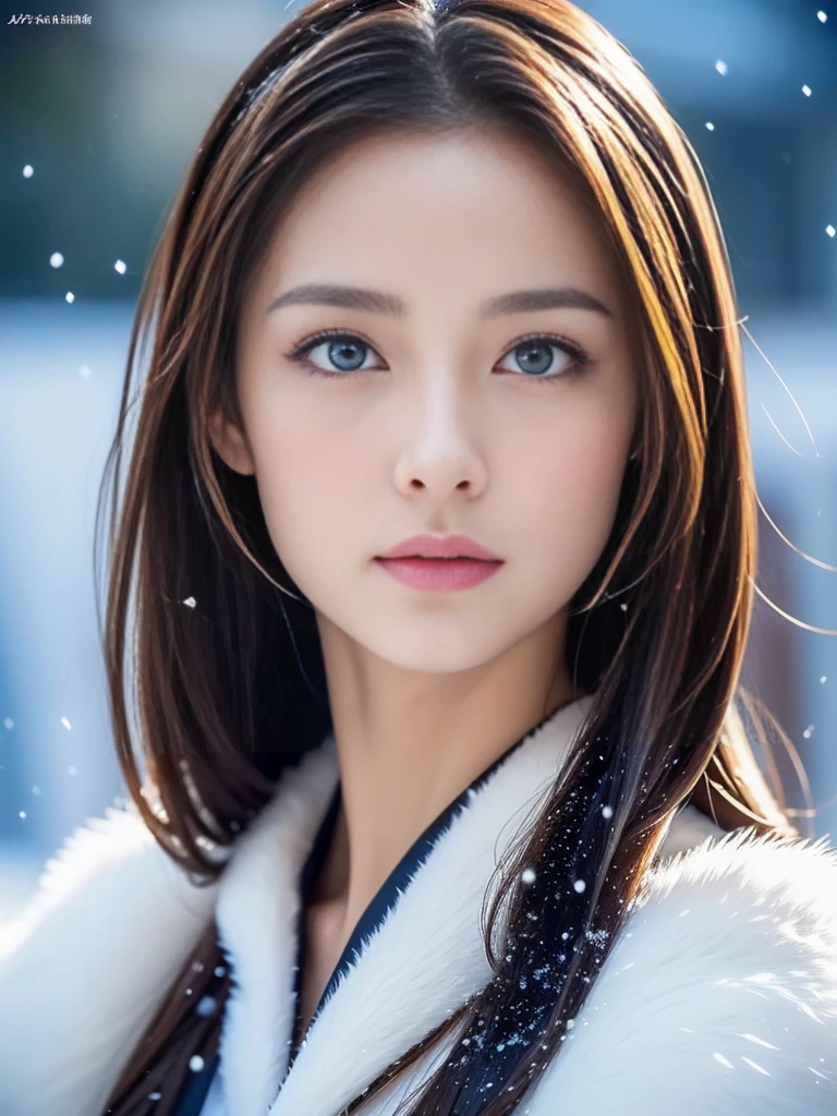 (highest quality, 8k, 32K,details are very clear),Realistic, High resolution, 1 Japanese Women, alone, (ta Costume),Gorgeous costumes,Facing the audience,(Upper Body,Upper limbs), Beautiful Eyes, brown hair, Ring-shaped eyes, (outside,Heavy snowfall,thick fur cape,Cover with snow),Snowfield,blue eyes,highest qualityのイラスト,Detailed facial features