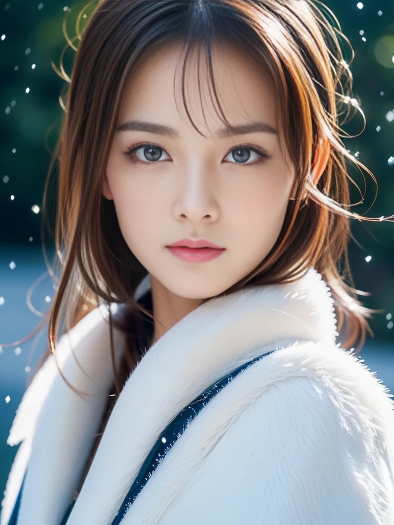 (highest quality, 8k, 32K,details are very clear),Realistic, High resolution, 1 Japanese Women, alone, (Lolita Costume),Gorgeous costumes,Facing the audience,(Upper Body,Upper limbs), Beautiful Eyes, brown hair, Ring-shaped eyes, (outside,Heavy snowfall,thick fur cape,Cover with snow),Snowfield,blue eyes,highest qualityのイラスト,Detailed facial features