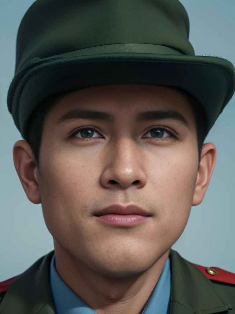 Highly realistic photo, ((masterpiece), (best quality), (raw photo), (photorealistic:1.4), A Vietnamese soldier from 1954, dressed in a formal military uniform with a hat. The soldier is wearing a dark green jacket with epaulettes on the shoulders, a white shirt, and a red tie, ((light blue background)), photo taken by Sony A7IV
