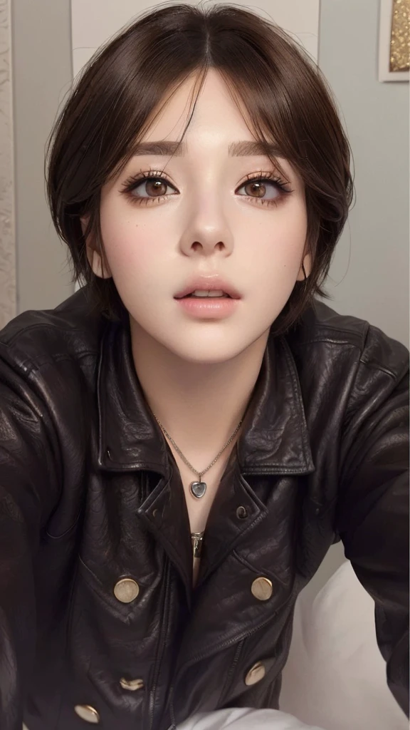 a close up of a person wearing a leather jacket and a necklace, photorrealistic!!!!!!! artwork style, anime realism style, 🤤 portrait of , short brown hair and large eyes, kawaii realistic portrait, with short hair, realistic anime artwork style, realistic anime art style, realistic 3d anime style, realistic painting of beautiful girl, brown hair and large eyes, realistic art style