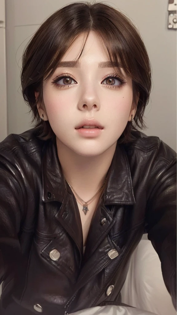 a close up of a person wearing a leather jacket and a necklace, photorrealistic!!!!!!! artwork style, anime realism style, 🤤 portrait of , short brown hair and large eyes, kawaii realistic portrait, with short hair, realistic anime artwork style, realistic anime art style, realistic 3d anime style, realistic painting of beautiful girl, brown hair and large eyes, realistic art style