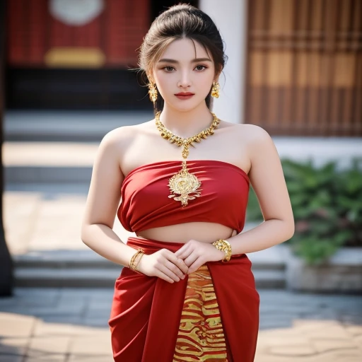 (ผู้หญิงlong hairชาวเอเชียตะวันออกเฉียงใต้ที่มีใบหน้ากลมหน้าอกขนาดใหญ่มาก วัดรอบอก 36 นิ้ว,)) Warm light, morning sun, long hair,black eyes,abdominal muscles, The body is beautiful and strong., thick hips, rounded chest, (digital painting, HDR, high contrast), 3d, 8K, 45,000,000 pixcls,Asian girl, Gorgeous Chinese model, jaw-dropping beauty, Attractive, sexy, seductive face and body, A woman in a red dress and gold jewelry poses for a photo., traditional beauty, Sukhothai dress, Southeast Asia that has existed for a long time, traditional chinese, traditional, beautiful oriental woman, traditional tai costume, asian woman, Dilraba Dilmurat, Chinese style, Niwan Chandra, wear red dress, Wear luxurious jewelry., Inspired by Tang Di