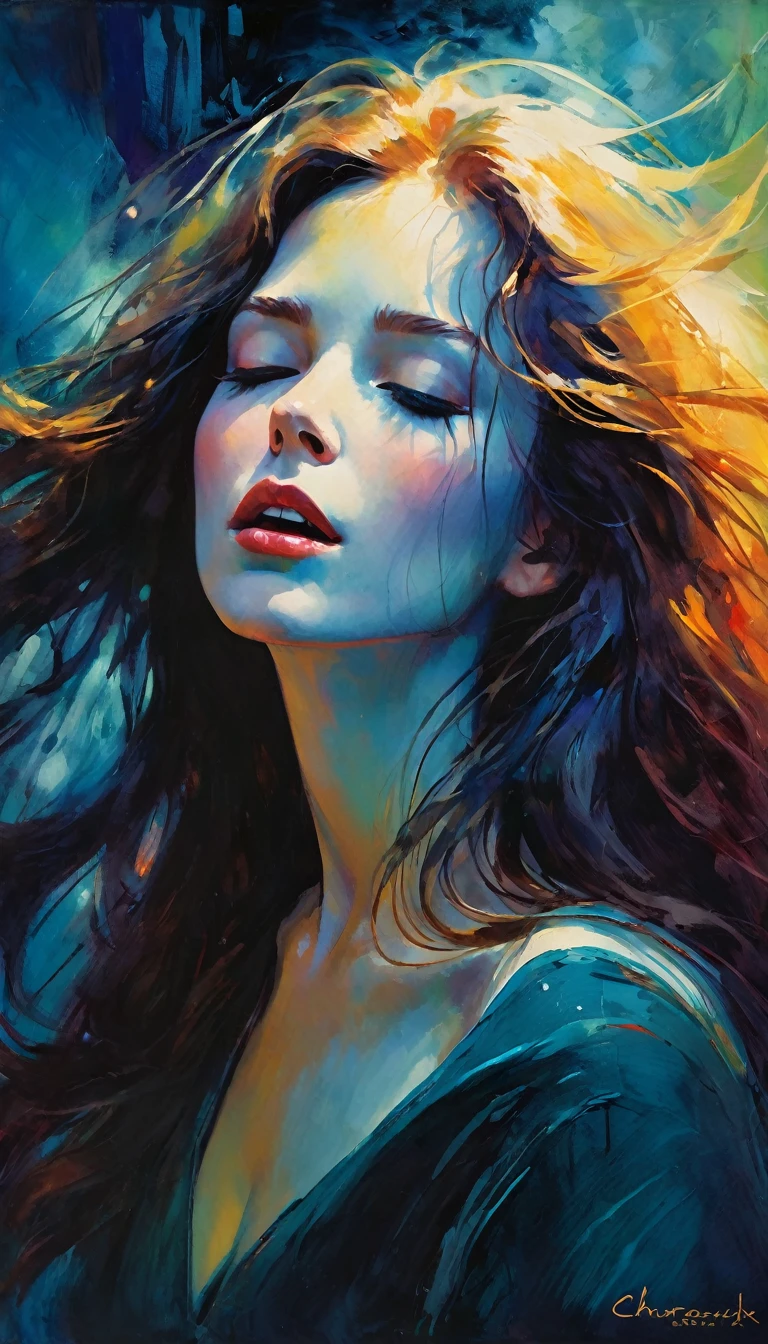 a girl in ecstasy, magical realism, (simple oil painting in a style to Bill Sienkiewicz), cinematic lighting, dramatic colors, detailed facial features, flowing hair, sensual pose, dreamlike atmosphere, ethereal, surreal, vibrant brushstrokes, textured canvas, chiaroscuro, moody, evocative, masterpiece
