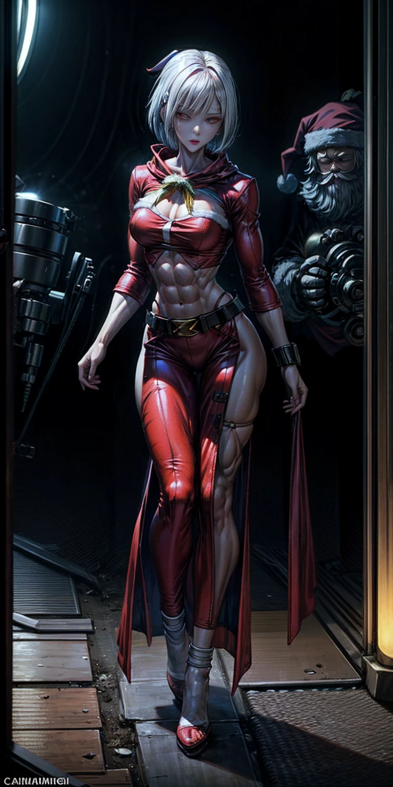 (((1 girl))), (Cassia Orsellio), (short white hair), (Red eyes), , (((wearing a  Santa suit))), (Full body view), (in the motel room), (((slender, muscular legs))), thin waist, Stomach Muscles, big , (((Full body photo))), black high heel shoes, (standing with one eye closed and showing her very sensual tongue), (((very sensual expression))), (HDR), eye reflection, extended eyes, extended eyes, moody, cheered up, minimalism, cheered up style, ray tracing, cinematic lighting, cinematic lighting, shine, shine, jpeg artifacts, bright light, rays of god, ray tracing, drop shadow, panorama, Sony FE, , below, below, UHD, piece of teacher, necessary, necessary, anatomically correct, super detail, high quality , Best Quality , very high, 16k