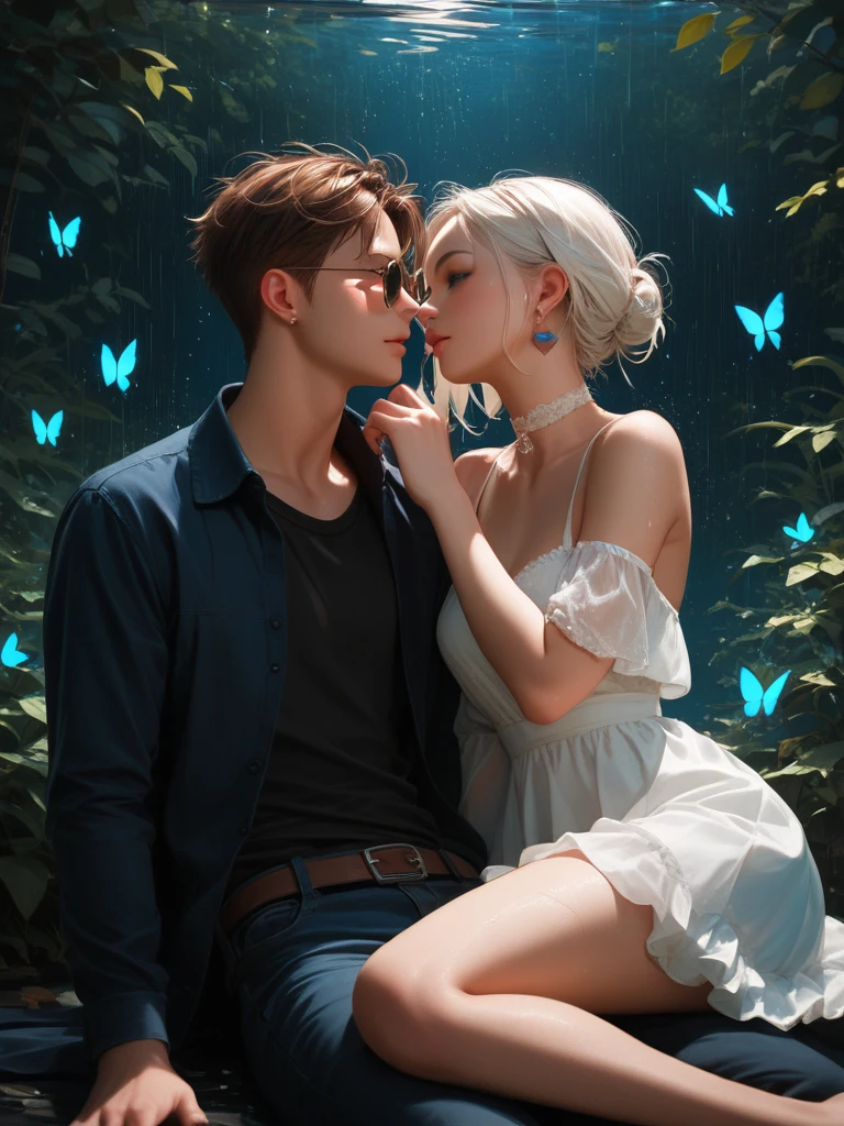 Illustration of a character with white hair, blue eyes, and wearing round sunglasses. They are dressed in a dark outfit, surrounded by blue and black butterflies under a light rain. The character is sitting with one arm resting on their knee and the other hand touching the ground.