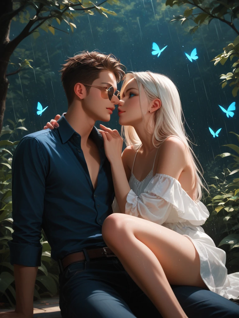 Illustration of a character with white hair, blue eyes, and wearing round sunglasses. They are dressed in a dark outfit, surrounded by blue and black butterflies under a light rain. The character is sitting with one arm resting on their knee and the other hand touching the ground.