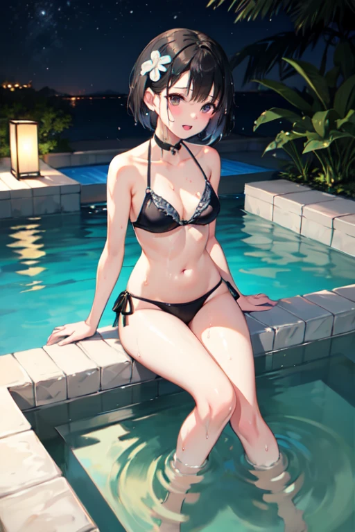 Black Hair、Iris、short hair、girl、、cute、、Small hair ornament、Stylish bikini、Add a pareo to the lower body、The location is the night pool、Time is night、soaked、Soaking wet、