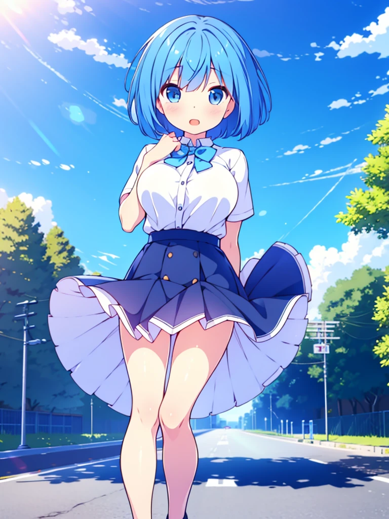 masterpiece, best quality, solo, ,
short hair, blue hair, straight hair, blue eyes, white shirt, open mouth, bowtie, large breasts, button gap, blank eyes, full body Short skirt
blue sky, wind,