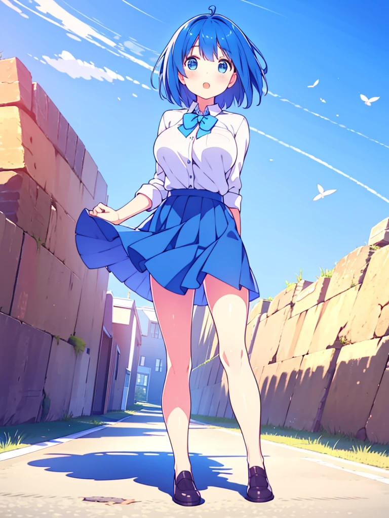 masterpiece, best quality, solo, ,
short hair, blue hair, straight hair, blue eyes, white shirt, open mouth, bowtie, large breasts, button gap, blank eyes, full body Short skirt
blue sky, wind,