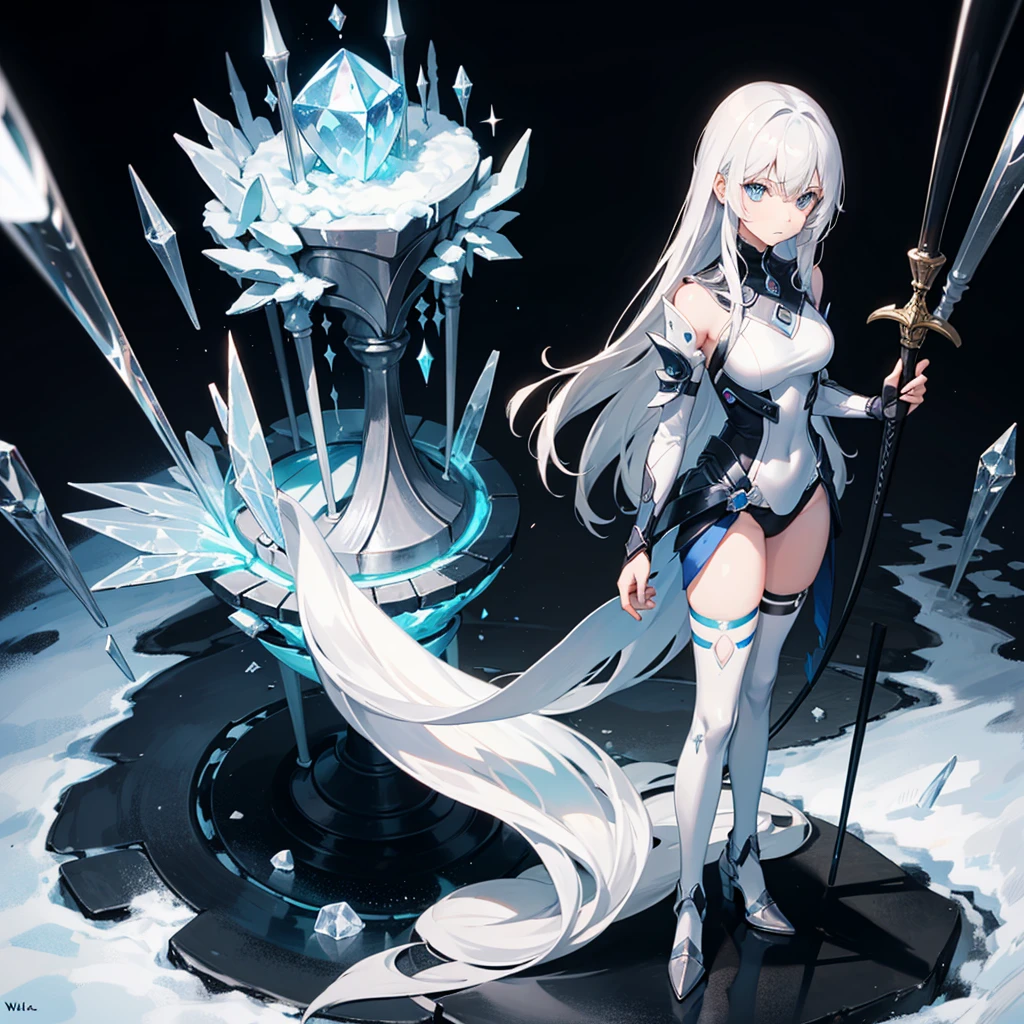 Long silver-white hair,Girl with crystal blue eyes,She wore a tights that looked like a combat suit,Places such as wrists and knees are hard armor,face expressionless,There are no emotions in the eyes,Icy cold,Light and dark background,A long white sword,((full body)),