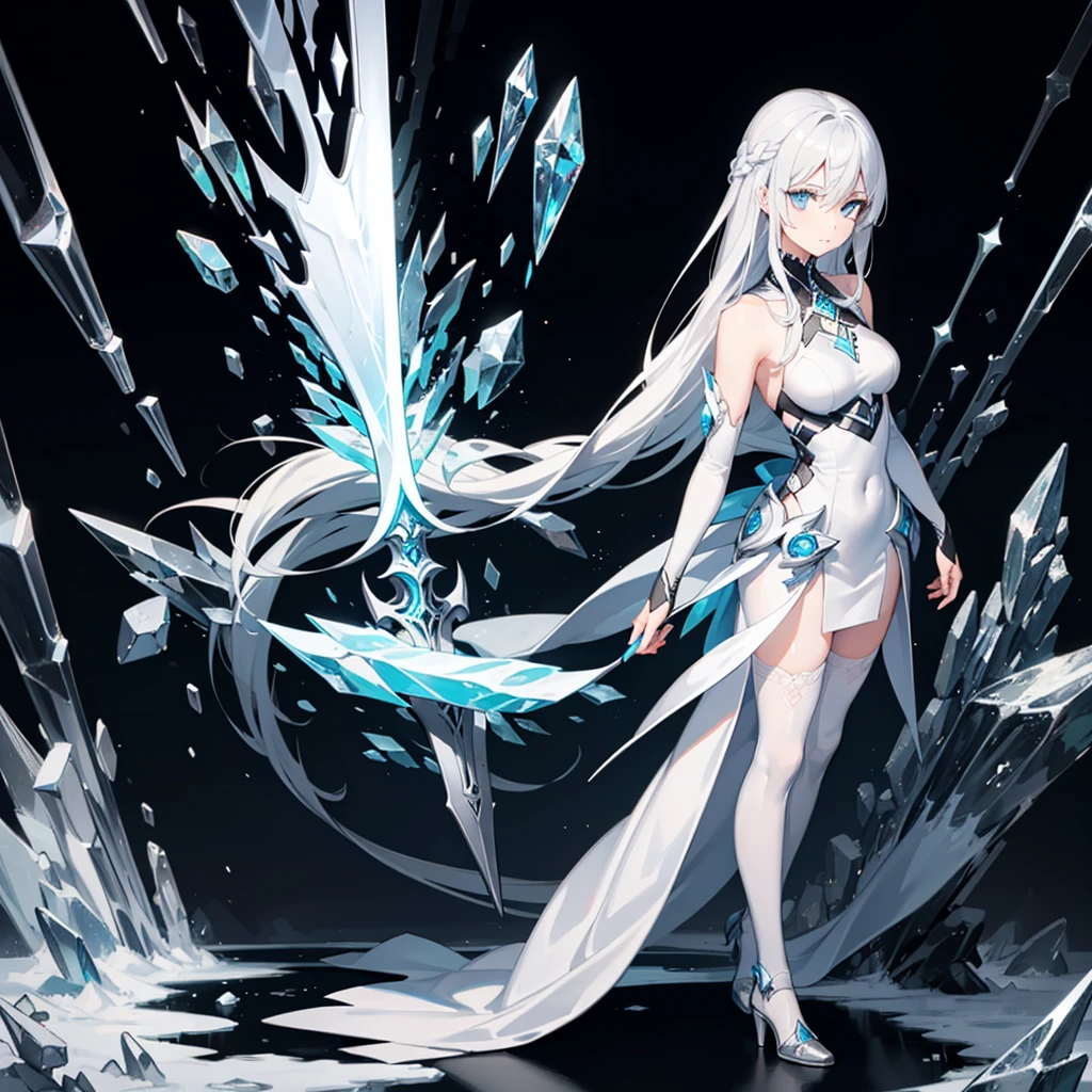 Long silver-white hair，Girl with crystal blue eyes，She wore a tights that looked like a combat suit，Places such as wrists and knees are hard armor，face expressionless，There are no emotions in the eyes，Icy cold，Light and dark background，A long white sword，((full body)),