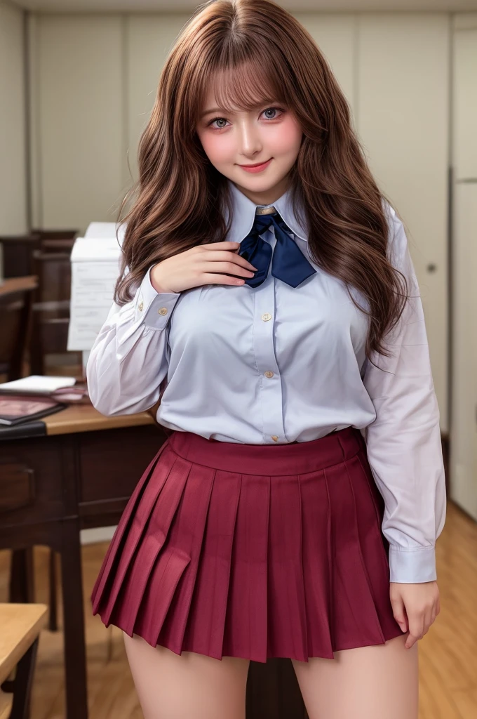 Russian Woman, Intimate, face blush, red blushy cheeks, long wavy hair, feeling excited, beautiful thighs, in love, wearing school attire with mini pleated skirt