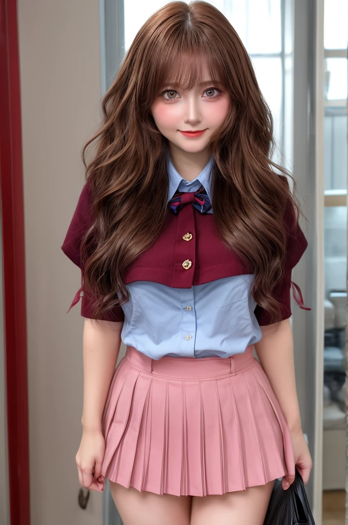 Russian Woman, Intimate, face blush, red blushy cheeks, long wavy hair, feeling excited, beautiful thighs, in love, wearing school attire with mini pleated skirt
