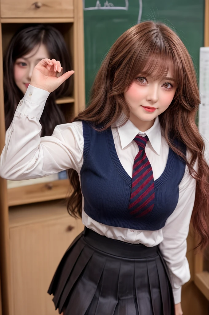 Russian Woman, Intimate, face blush, red blushy cheeks, long wavy hair, feeling excited, beautiful thighs, in love, wearing school attire with mini pleated skirt