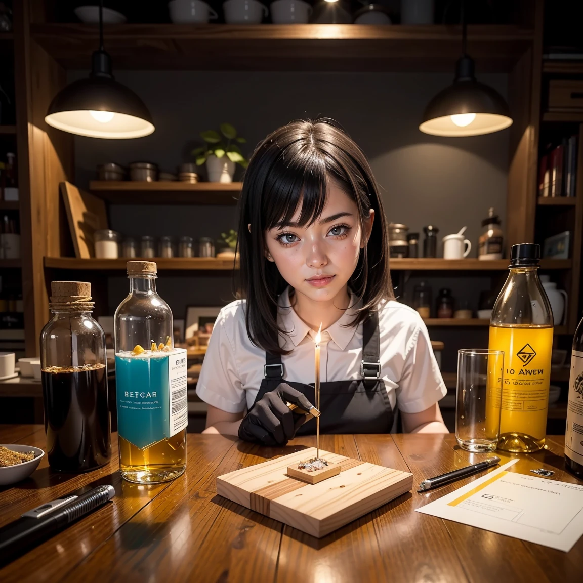 "Create a vibrant and engaging image for an Epoxy Resin DIY kit packaging. The scene should feature a smiling woman, around 18-20 years old, sitting at a table and working on a colorful epoxy resin project. The child should be wearing gloves and look excited about their creation.
In the foreground, display the kit's contents: 4 small bottles of epoxy resin, hardener, an MDF circle, mixing cups, stirring sticks, and some basic tools like tweezers and a heat gun. These items should be neatly arranged around the woman's workspace.
Background should be a warm, inviting home setting, perhaps a kitchen or craft room, with soft lighting to create a cozy atmosphere. Include some finished epoxy resin projects in the background, such as coasters, jewelry, or small decorative items, to showcase the potential of the kit.
Use a color palette that's both eye-catching and harmonious, with blues, greens, and purples to represent the epoxy resin's potential for creating beautiful, translucent effects. Add some sparkles or shimmering effects to convey the magical quality of the finished products.
At the top of the image, include space for the product name "Epoxy Resin DIY Kit" in a fun, modern font that appeals to both children and adults. At the bottom, add a tagline like "Create Your Own Colorful Masterpieces with Aidan+Renee!" to emphasize the creative aspect of the kit.
Overall mood should be one of creativity, fun, and safe exploration, encouraging everyone to engage with the product