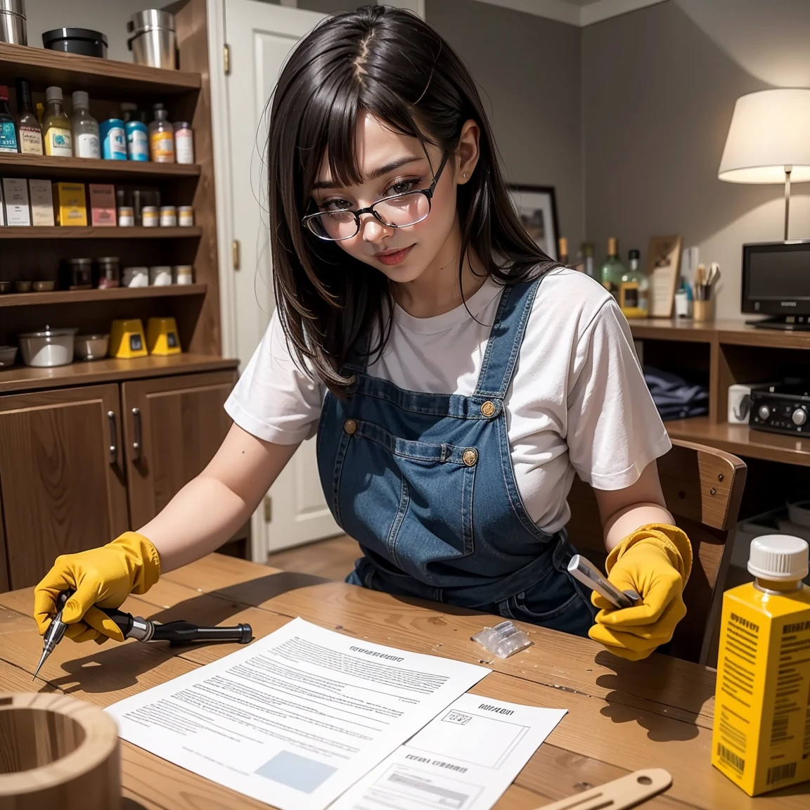 "Create a vibrant and engaging image for an Epoxy Resin DIY kit packaging. The scene should feature a smiling woman, around 18-20 years old, sitting at a table and working on a colorful epoxy resin project. The child should be wearing gloves and look excited about their creation.
In the foreground, display the kit's contents: 4 small bottles of epoxy resin, hardener, an MDF circle, mixing cups, stirring sticks, and some basic tools like tweezers and a heat gun. These items should be neatly arranged around the woman's workspace.
Background should be a warm, inviting home setting, perhaps a kitchen or craft room, with soft lighting to create a cozy atmosphere. Include some finished epoxy resin projects in the background, such as coasters, jewelry, or small decorative items, to showcase the potential of the kit.
Use a color palette that's both eye-catching and harmonious, with blues, greens, and purples to represent the epoxy resin's potential for creating beautiful, translucent effects. Add some sparkles or shimmering effects to convey the magical quality of the finished products.
At the top of the image, include space for the product name "Epoxy Resin DIY Kit" in a fun, modern font that appeals to both children and adults. At the bottom, add a tagline like "Create Your Own Colorful Masterpieces with Aidan+Renee!" to emphasize the creative aspect of the kit.
Overall mood should be one of creativity, fun, and safe exploration, encouraging everyone to engage with the product