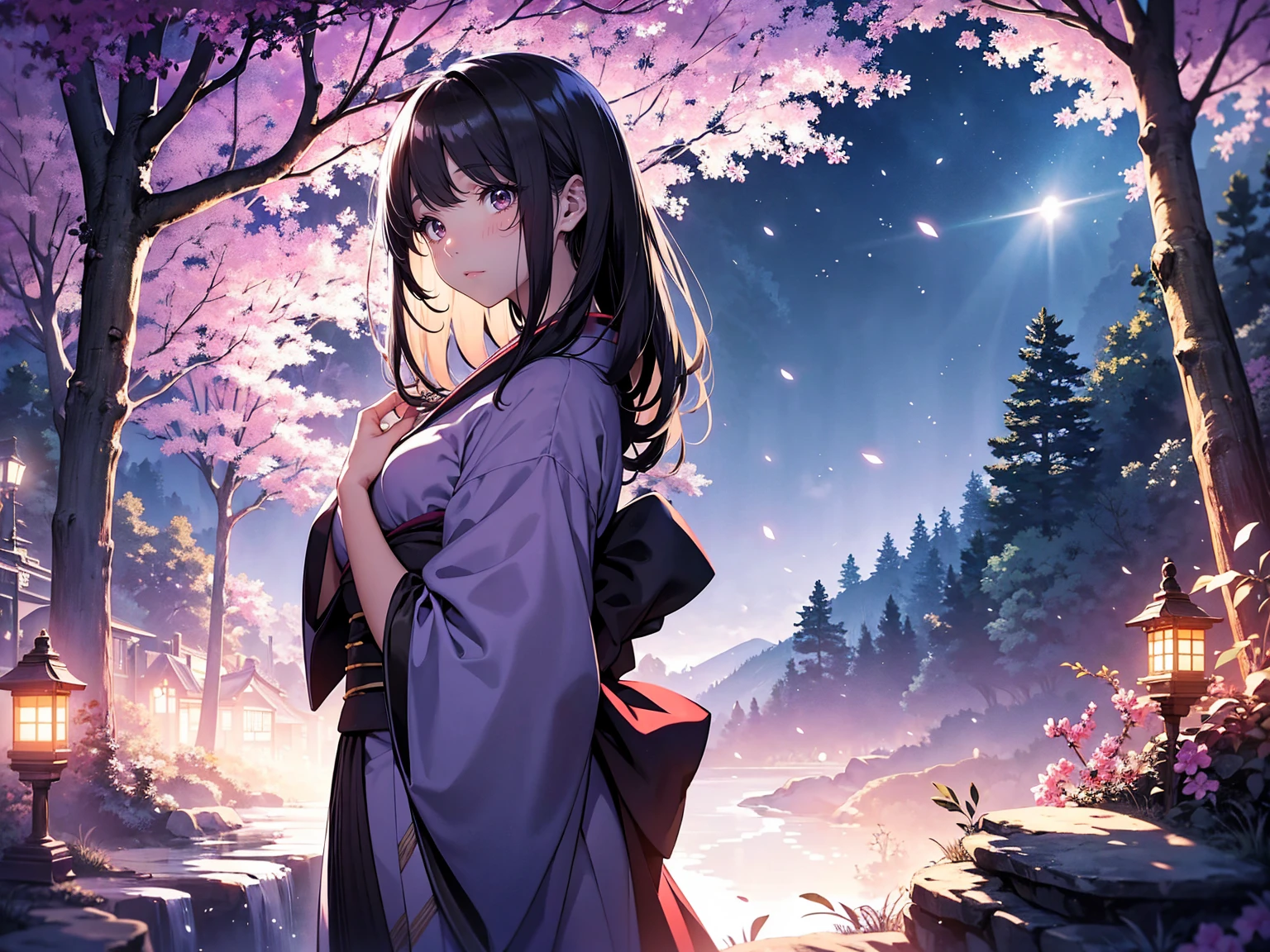 A princess with a delicate, beautiful face, large eyes, and clear black straight hair, looking enchanting in a traditional, gorgeous Japanese red and purple kimono, stands on a rock in the mountains and looks up. A gentle, warm light surrounds the princess. The background is filled with soft out-of-focus light, and the pale blue and purple hues create a dreamy, serene, and enchanting atmosphere. Fireflies glowing in the moonlit night surround the princess, adding to the magical and ethereal atmosphere. 45 years old