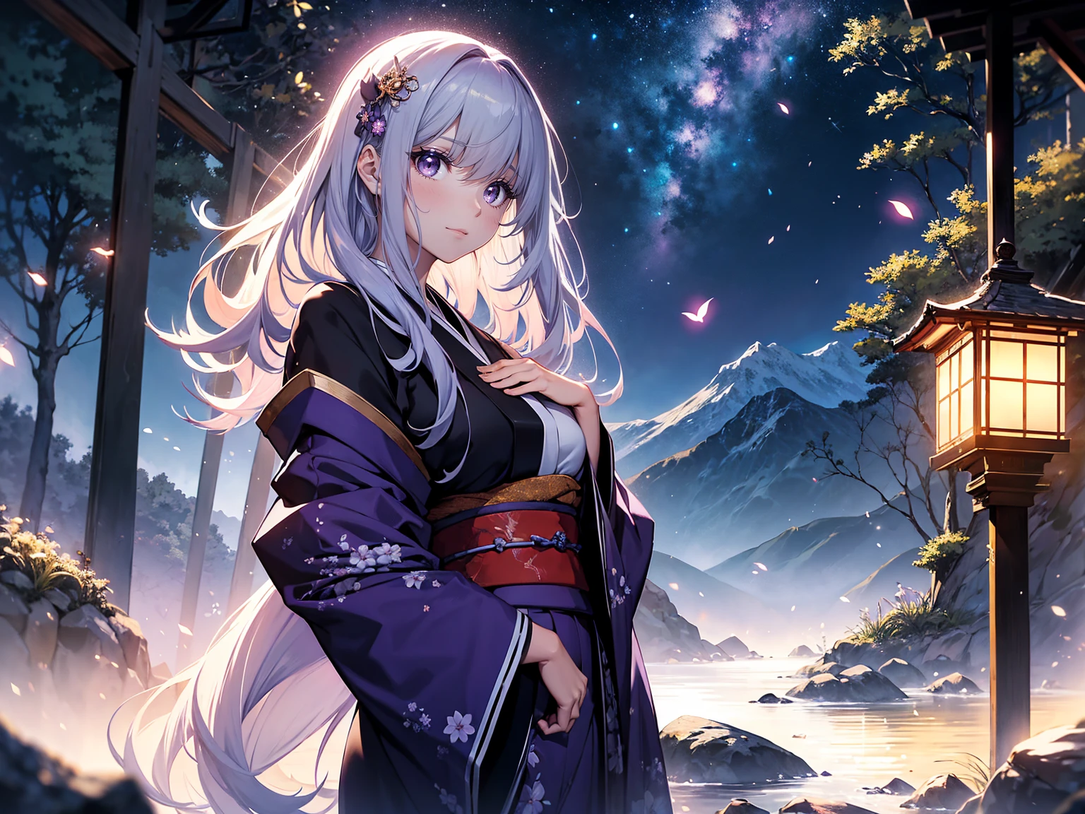 A princess with a delicate, beautiful face, large eyes, and clear black straight hair, looking enchanting in a traditional, gorgeous Japanese red and purple kimono, stands on a rock in the mountains and looks up. A gentle, warm light surrounds the princess. The background is filled with soft out-of-focus light, and the pale blue and purple hues create a dreamy, serene, and enchanting atmosphere. Fireflies glowing in the moonlit night surround the princess, adding to the magical and ethereal atmosphere. 45 years old