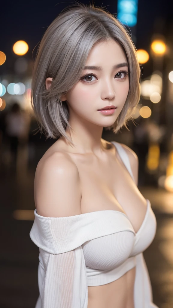((Highest quality、8K、masterpiece:1.3))、Sharpness:1.2、Perfect body beauty:1.4、Slim Abs:1.2、((Short Hair Styles Grey Hair、Big Tits Cleavage:1.2))、(White off-shoulder shirt:1.1)、(Neon city at night:1.2)、Wet:1.5、Highly detailed face and skin texture、Fine particles、double eyelid、Profile looking at the camera、tits