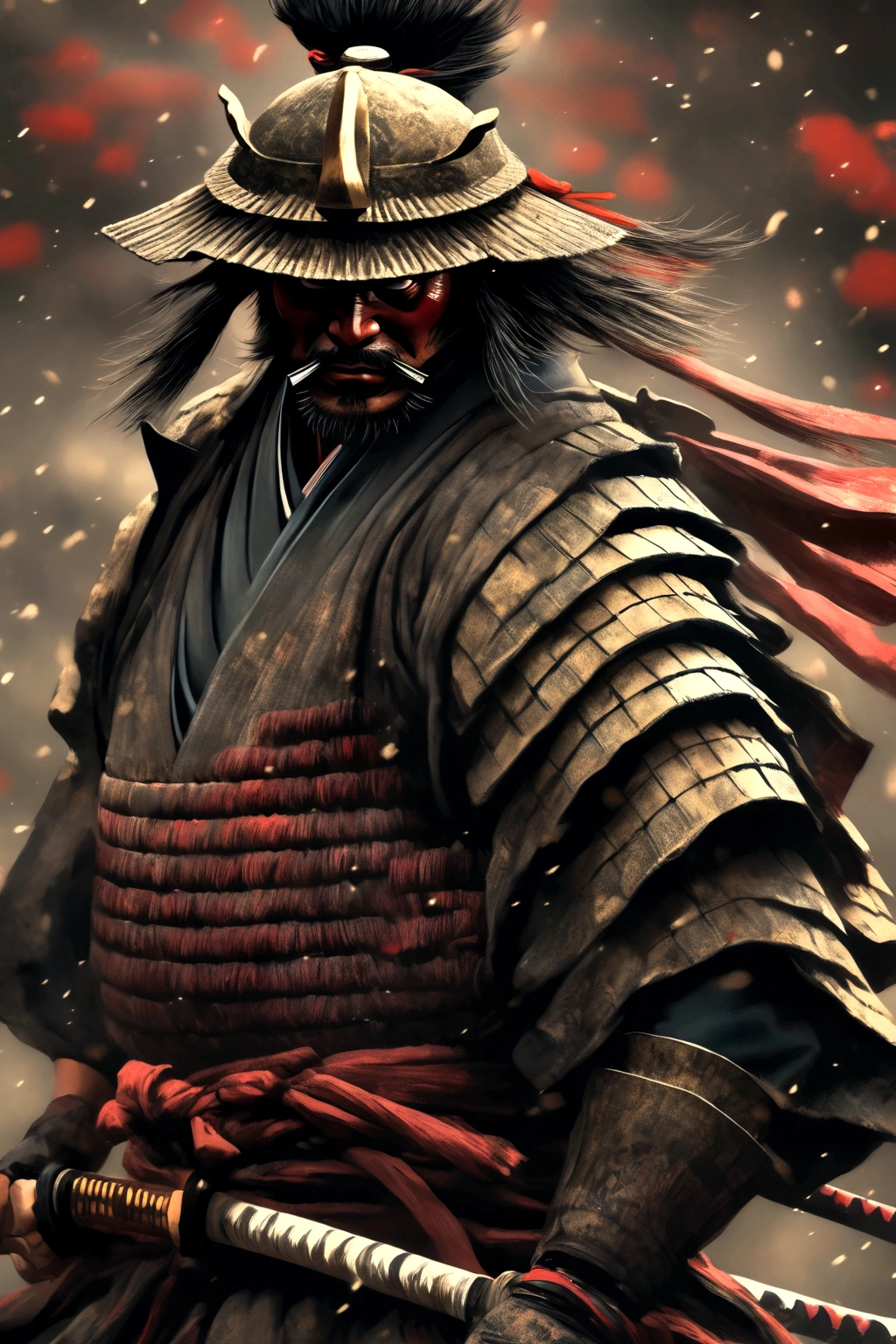 (best qualityer,4K,8K,high resolution,work of art:1.2),ultra detali,
realisitic:1.37,Samurai,Feudal Japan,flag bearer,full-body armor,sinister atmosphere,espada de Samurai detalhada,traditional warrior,severe facial expression,dark lighting,Traditional Japanese Art Style,dark colours
