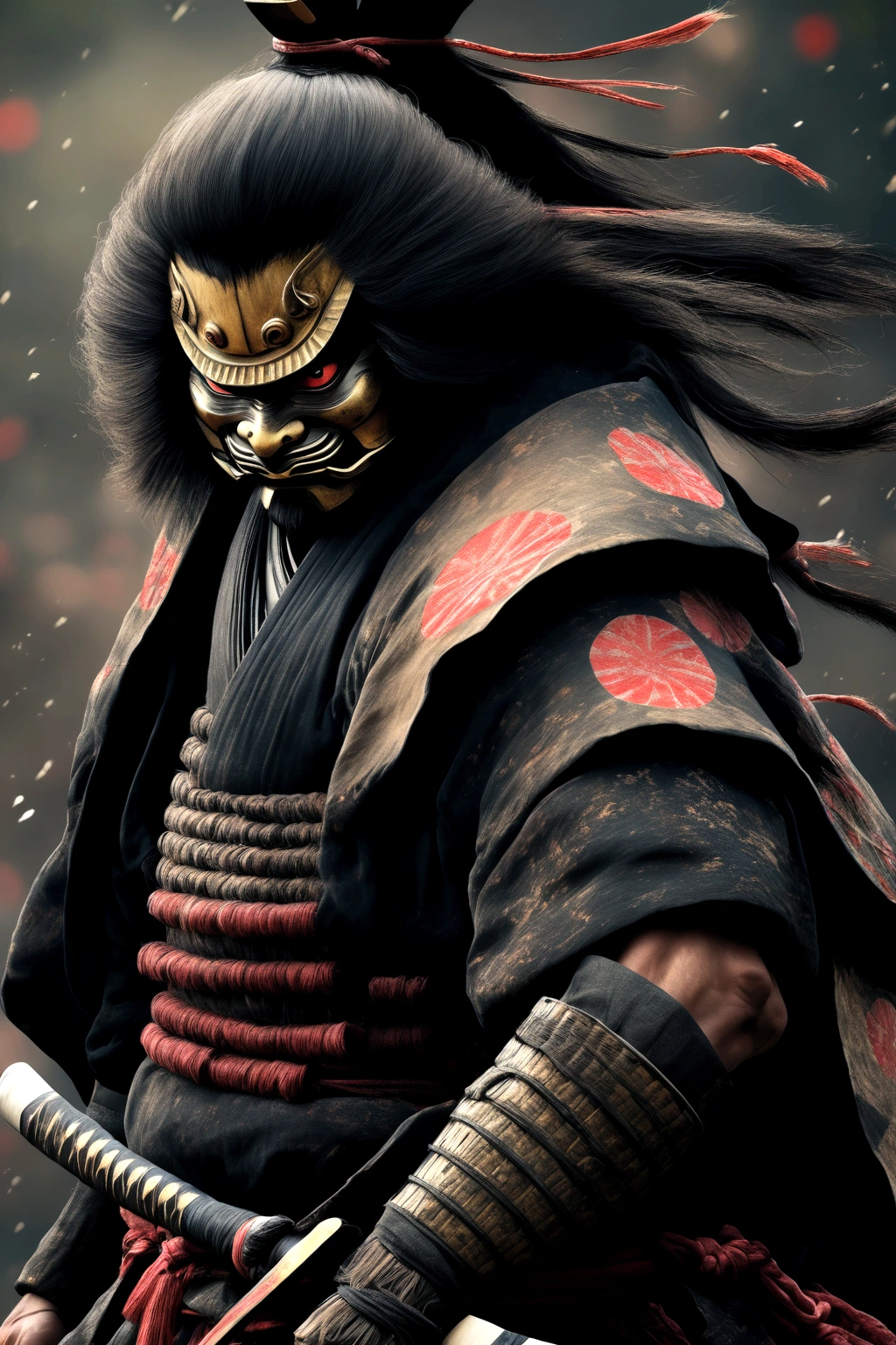 (best qualityer,4K,8K,high resolution,work of art:1.2),ultra detali,
realisitic:1.37,Samurai,Feudal Japan,flag bearer,full-body armor,sinister atmosphere,espada de Samurai detalhada,traditional warrior,severe facial expression,dark lighting,Traditional Japanese Art Style,dark colours