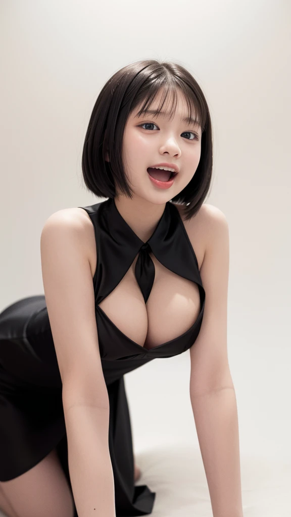 One girl, Black Random Formal Dress, White Background,  Big Breasts、Put your chest close、Nipples、ピンクで突起したNipples、On all fours、A big smile、Open your mouth、Stretching out the tongue