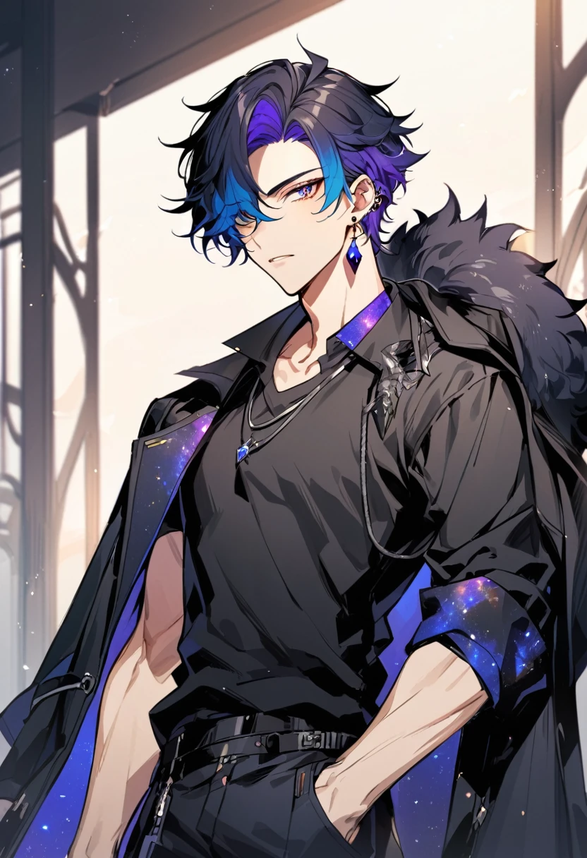a handsome young man, he wears galaxy colored earrings, wolf style haircut, he looks so mysterious, He was dressed in a black shirt with his black coat hanging over his shoulder. Manhwa style.